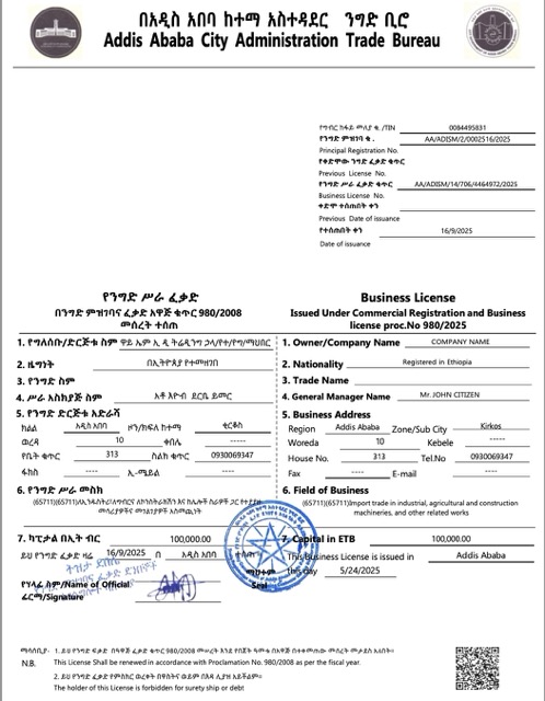 Ethiopia Addis Ababa business license Word and PDF template, version 2